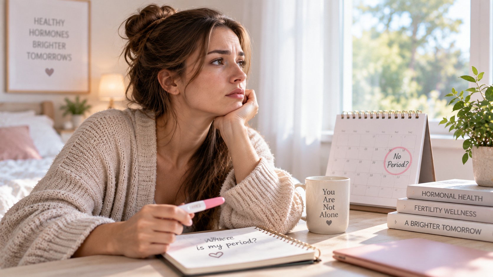 Woman writing Where is my period in a journal while thinking about missed cycles