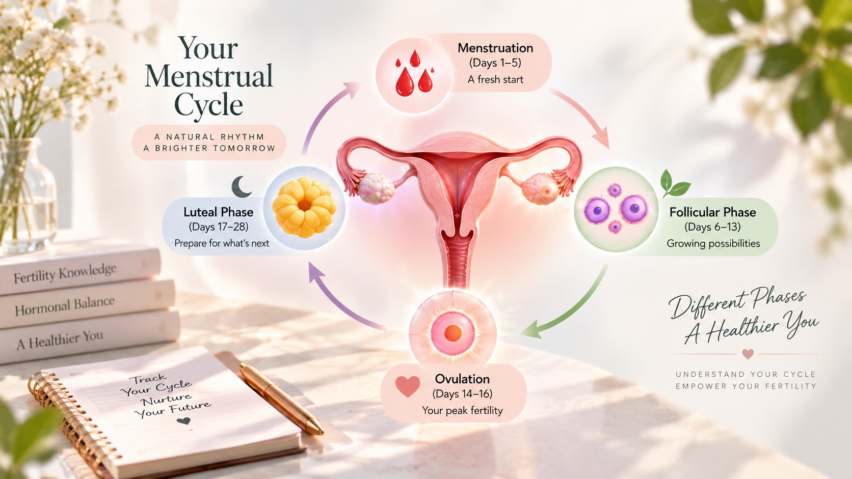 Diagram of the menstrual cycle phases around the reproductive system, highlighting ovulation timing