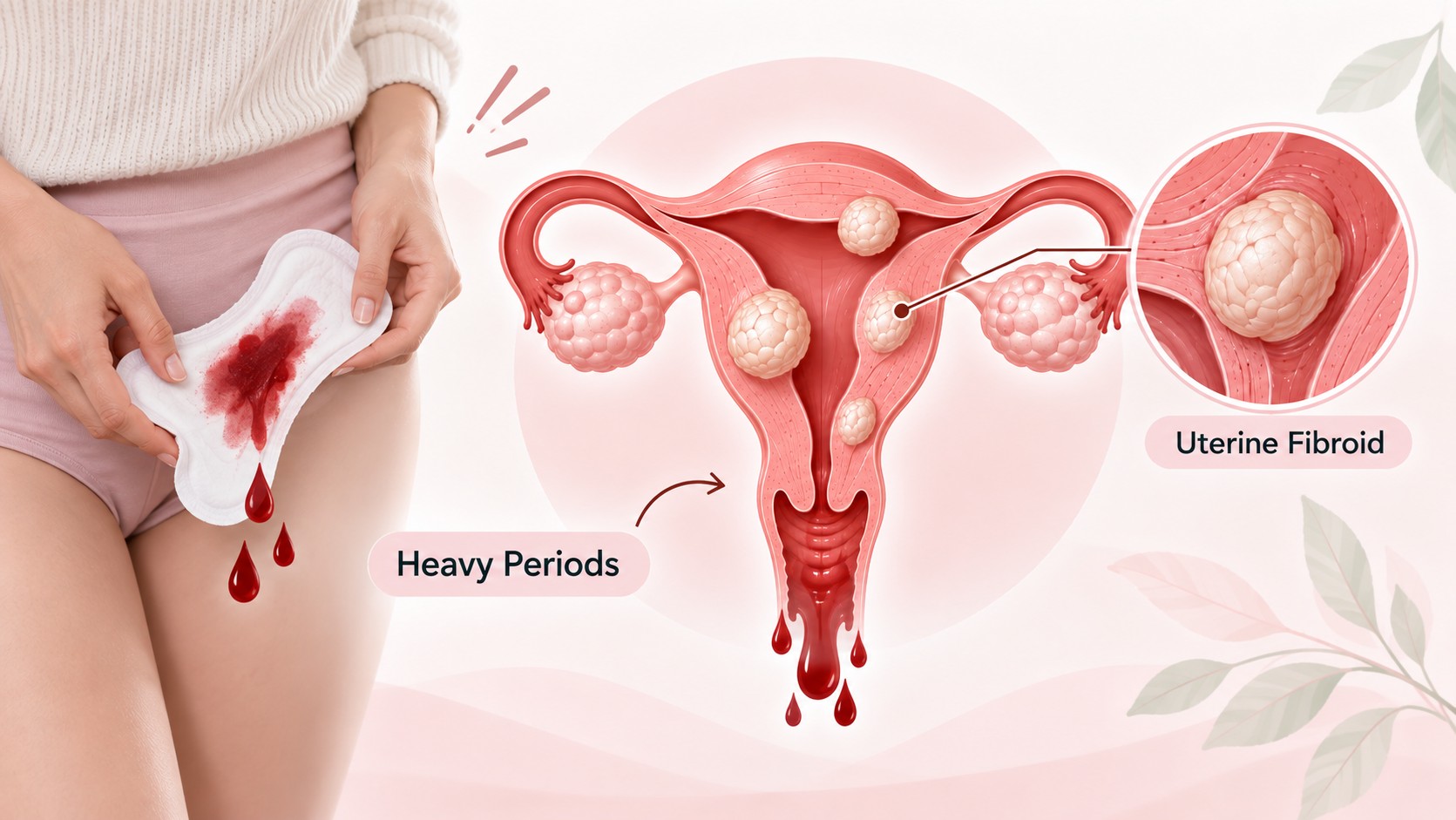 Close-up diagram showing a uterine fibroid and its connection to heavy menstrual bleeding