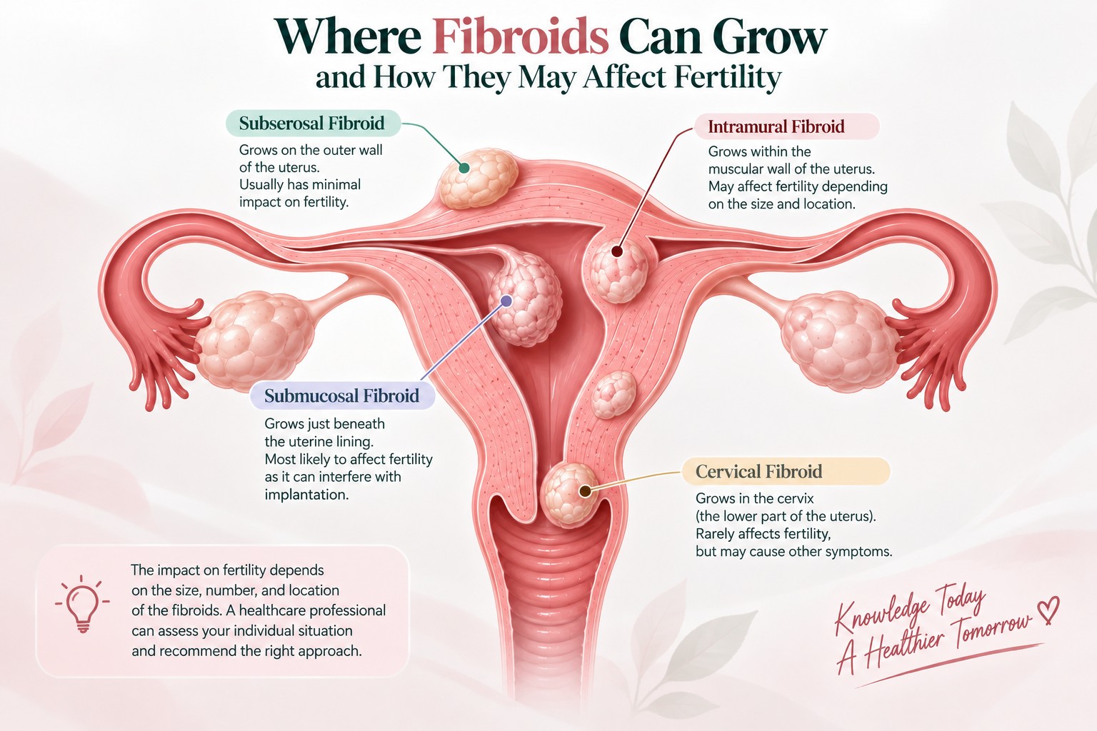 Infographic showing where fibroids can grow and how each location may affect fertility: subserosal, intramural, submucosal, and cervical