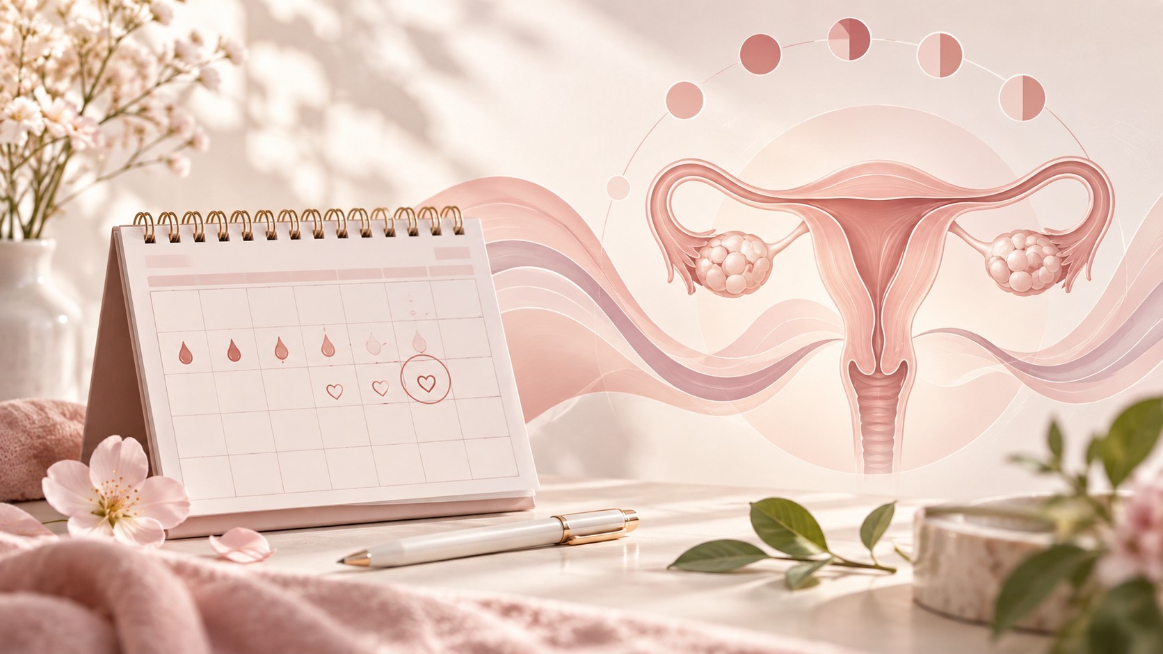 Menstrual cycle calendar next to a reproductive health illustration