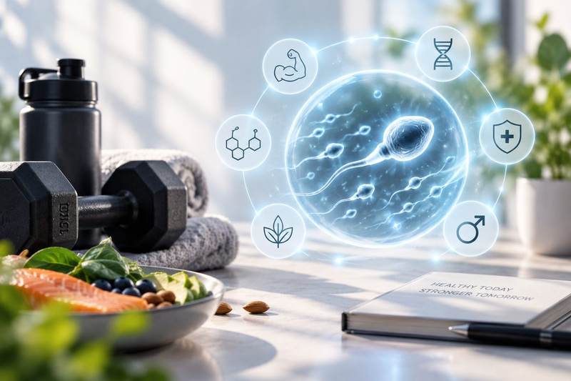 Sperm and DNA icons alongside fitness and nutrition items representing male fertility support
