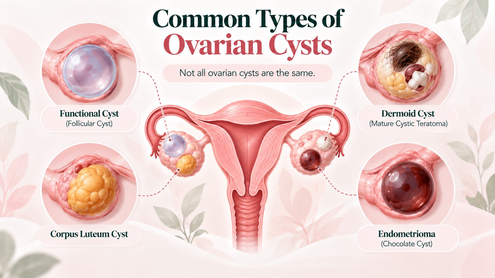 Infographic showing common types of ovarian cysts: functional cyst, corpus luteum cyst, dermoid cyst, and endometrioma
