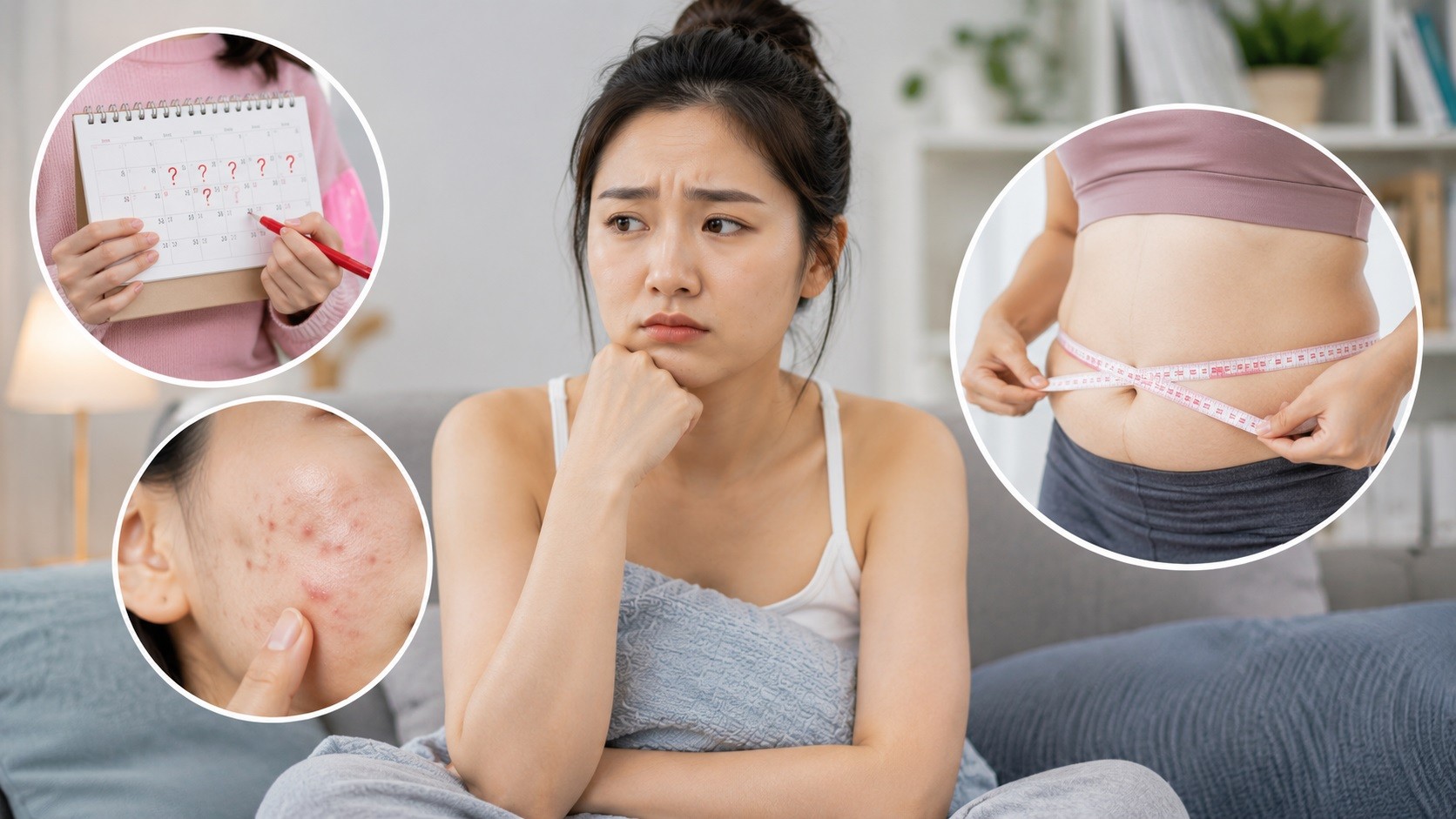 Woman reflecting on PCOS signs such as irregular cycles, acne, and weight changes