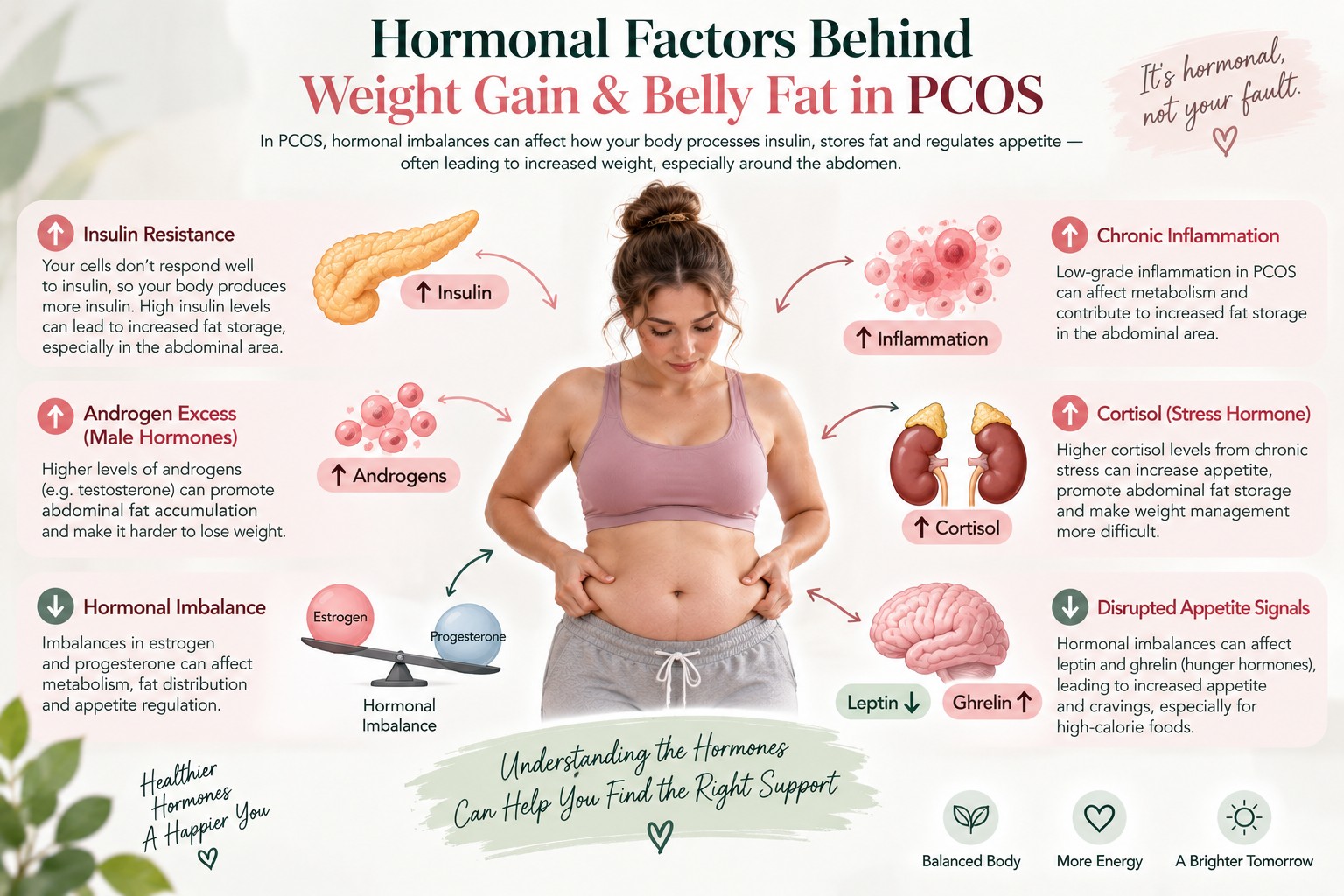 Infographic showing hormonal factors behind weight gain and belly fat in PCOS: insulin resistance, androgen excess, inflammation, cortisol, and appetite signals