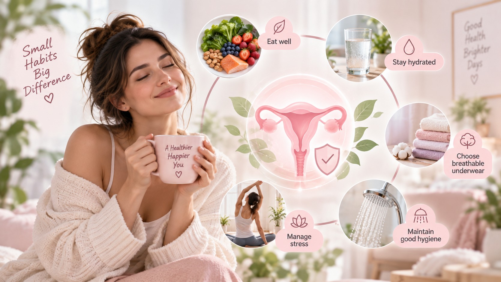 Infographic showing supportive daily habits for vaginal health: eating well, staying hydrated, breathable underwear, hygiene, and stress management