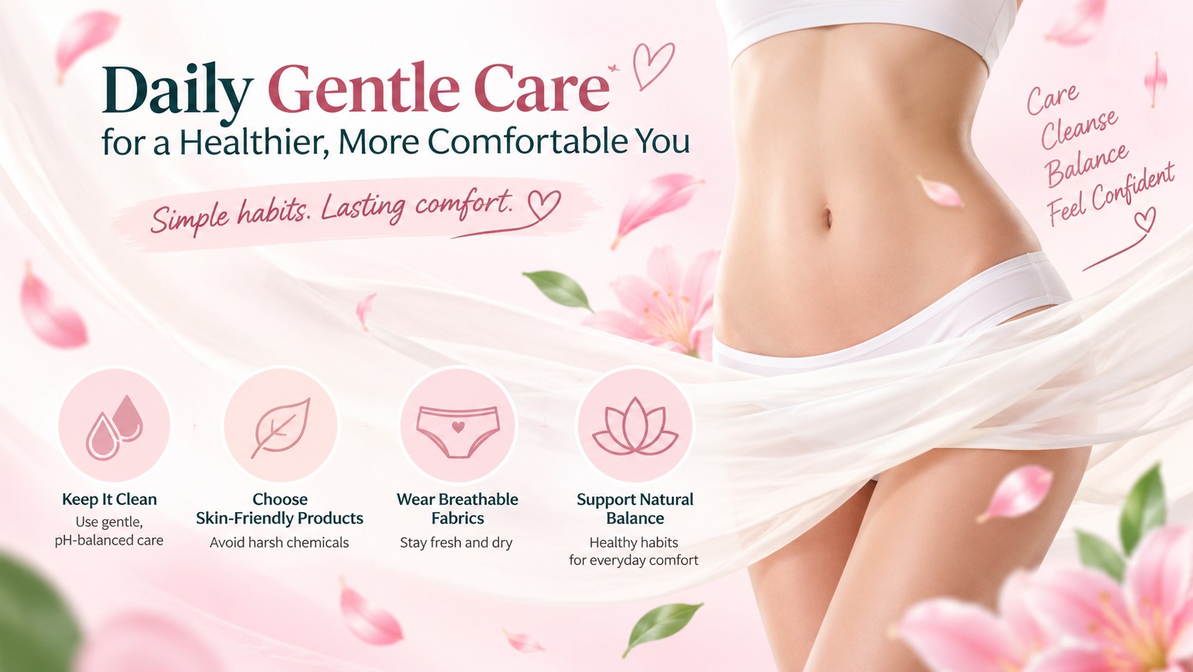 Infographic showing daily gentle care habits for vaginal comfort: gentle cleansing, skin-friendly products, breathable fabrics, and natural balance