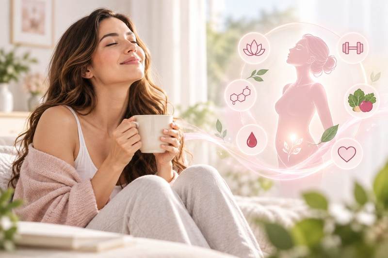 Woman relaxing with a cup of tea, icons representing hormonal balance and wellness